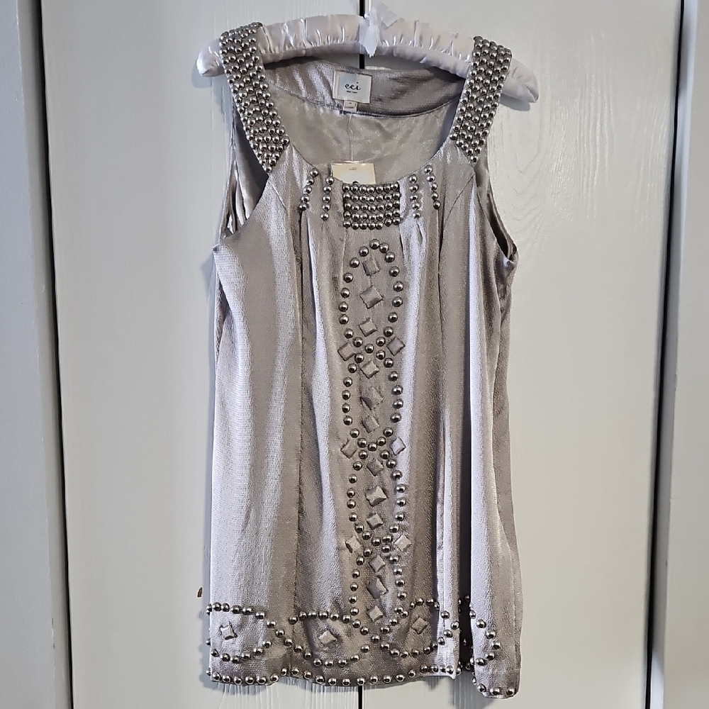 NWT ECI Women's Sleeveless Pewter-gold Dress with Beads & Side Zipper Size US 8